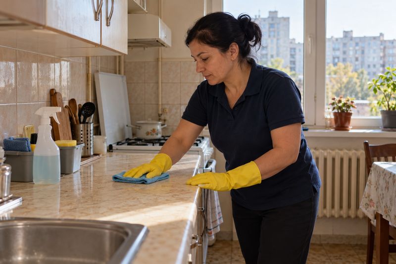 A cleaner wiping the kitchen counter in a block-of-flats apartment.