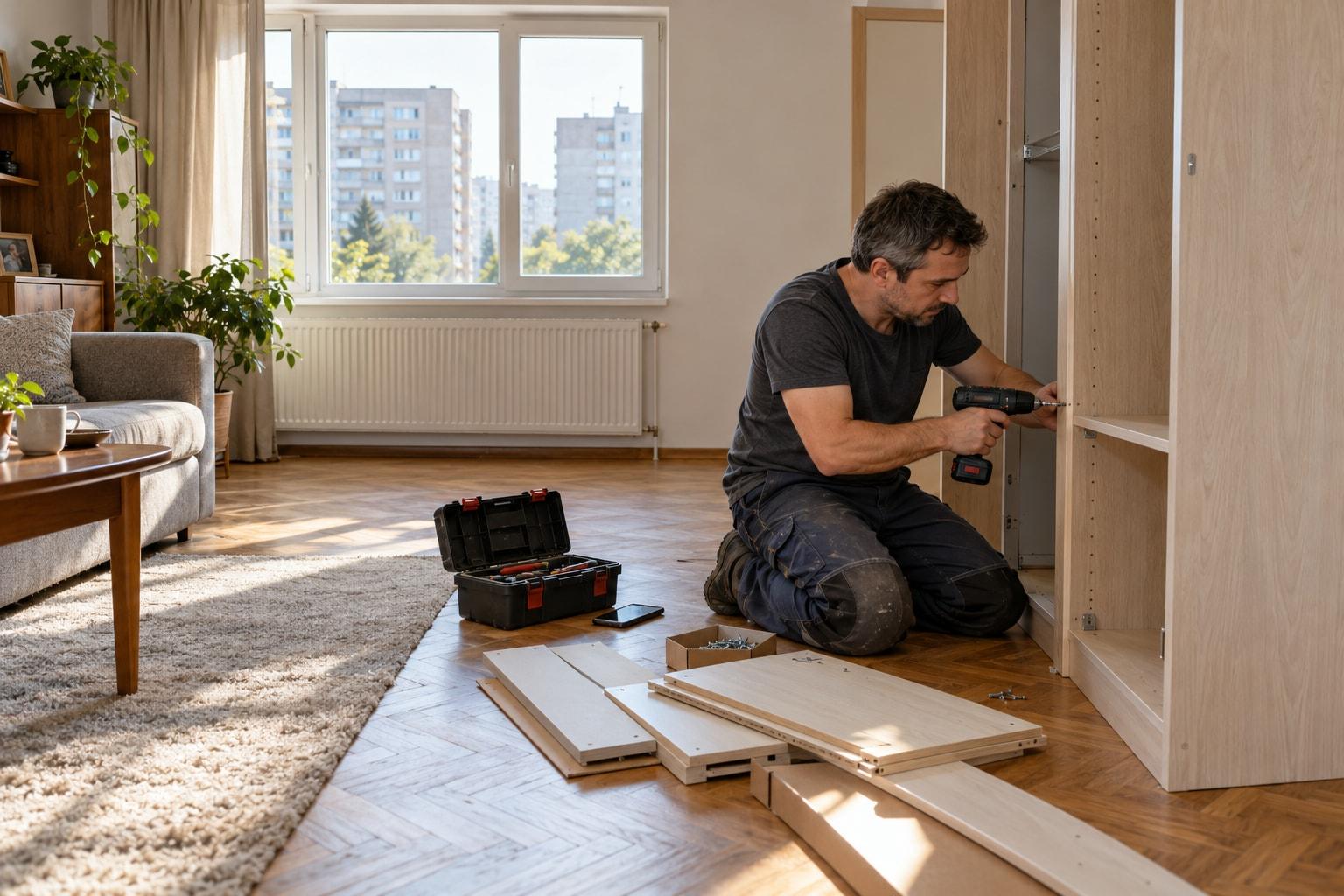 A handyman assembling a wardrobe in an apartment.